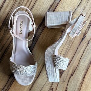 SODA Beige Braided Strap Block Heel Sandals